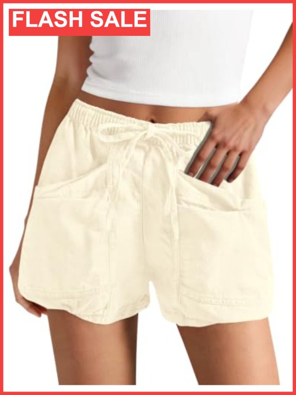 Womens Cotton Linen High Waist Drawstring Cargo Shorts